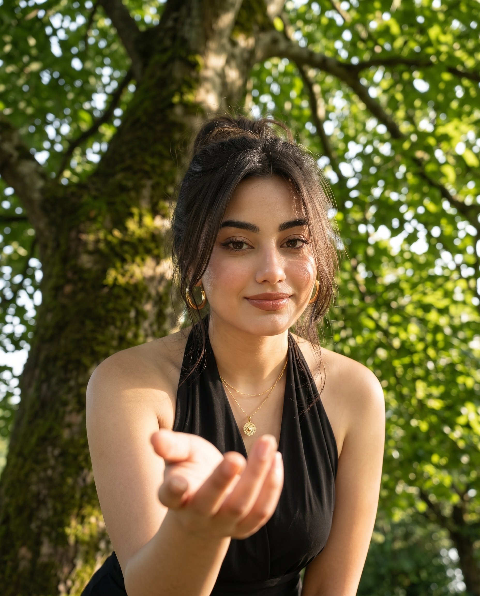 Ultra realistic cinematic outdoor portrait of [REFERENCE PERSON], preserve the exact facial identity, facial proportions, skin texture, eye shape, lips, hairstyle, and overall likeness from the reference image with extremely high identity fidelity and natural realism.

Scene composition should remain nearly identical to the original image: subject standing beneath a massive lush green tree canopy during bright natural daylight, sunlight filtering through dense leaves creating glowing highlights and natural bokeh, peaceful park-like outdoor environment with rich green tones and realistic depth.

Camera angle and framing: dramatic low-angle perspective shot from below, vertical composition, subject leaning slightly forward toward the camera with one hand extended outward as if reaching toward the viewer, relaxed confident facial expression while looking directly into camera.

Hair: naturally curly dark hair with realistic texture and volume, softly illuminated by sunlight from behind.

Outfit: casual elegant styling with an oversized sage-green linen button-up shirt layered over a dark inner top, paired with loose white linen pants, realistic fabric wrinkles and natural movement.

Lighting: strong natural daylight with realistic sun rays peeking through tree branches behind the subject, soft rim lighting around hair, cinematic contrast, natural skin highlights, realistic shadows from foliage.

Environment details: large tree branches spreading across the entire background canopy, bright green leaves, soft outdoor blur in distant background, natural summer atmosphere, editorial lifestyle aesthetic.

Photography style: ultra photorealistic DSLR portrait, 24mm wide-angle lens perspective, shallow depth of field, cinematic composition, realistic anatomy, detailed skin texture, fashion editorial photography, HDR natural lighting, premium outdoor realism.

Important: replace ONLY the person’s identity with the exact reference person while preserving the same tree background, low-angle camera perspective, pose, extended-hand composition, lighting style, clothing aesthetic, and overall framing from the original image.

Negative prompt: distorted anatomy, inaccurate identity, asymmetrical face, bad hands, extra fingers, blurry face, AI artifacts, CGI appearance, cartoon style, unrealistic skin, duplicate limbs, overprocessed image, low quality, bad perspective, deformed body, watermark, text.

Priority settings:

Identity accuracy: maximum
Background consistency: maximum
Perspective accuracy: maximum
Photorealism: maximum
Natural sunlight realism: maximum