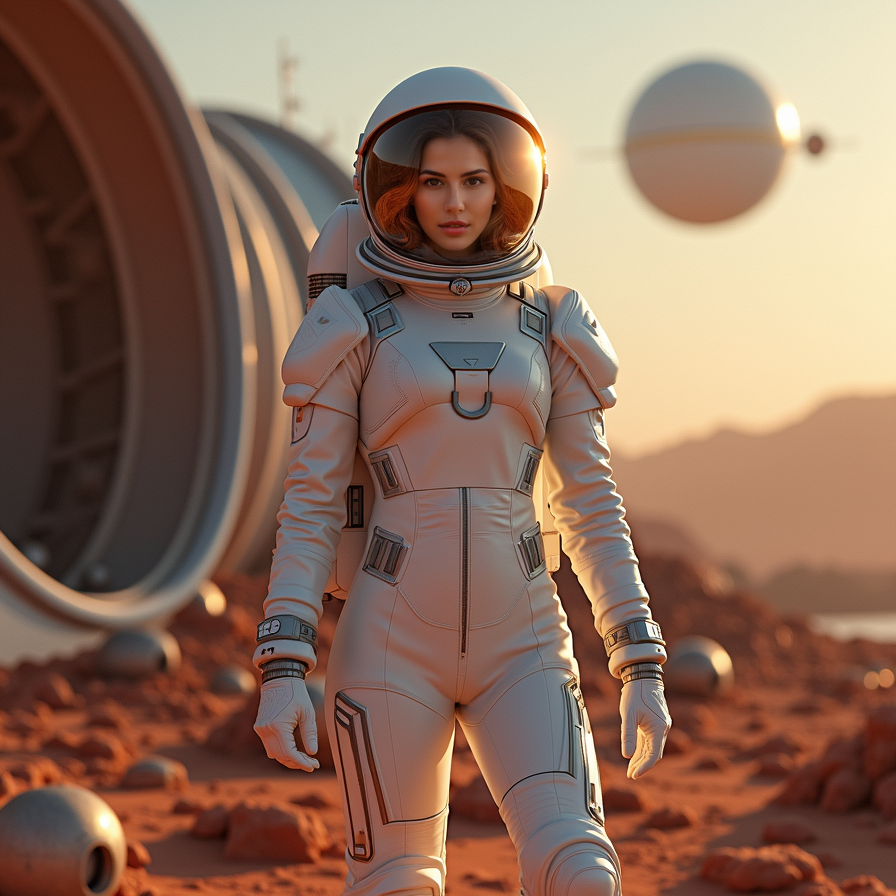 woman wearing a sleek white spacesuit, Mars landscape background with red planet