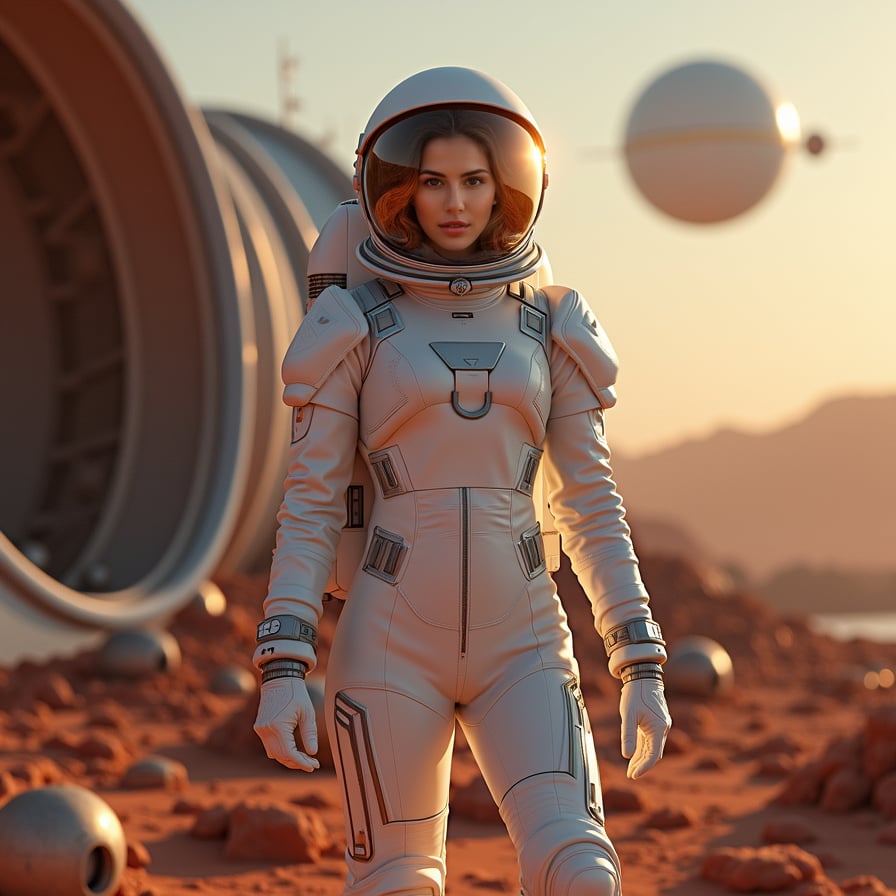 woman wearing a sleek white spacesuit, Mars landscape background with red planet terrain and dust storms, constructing a futuristic habitat module, with tools and components scattered around her, confident pose with a sense of determination and pioneering spirit.