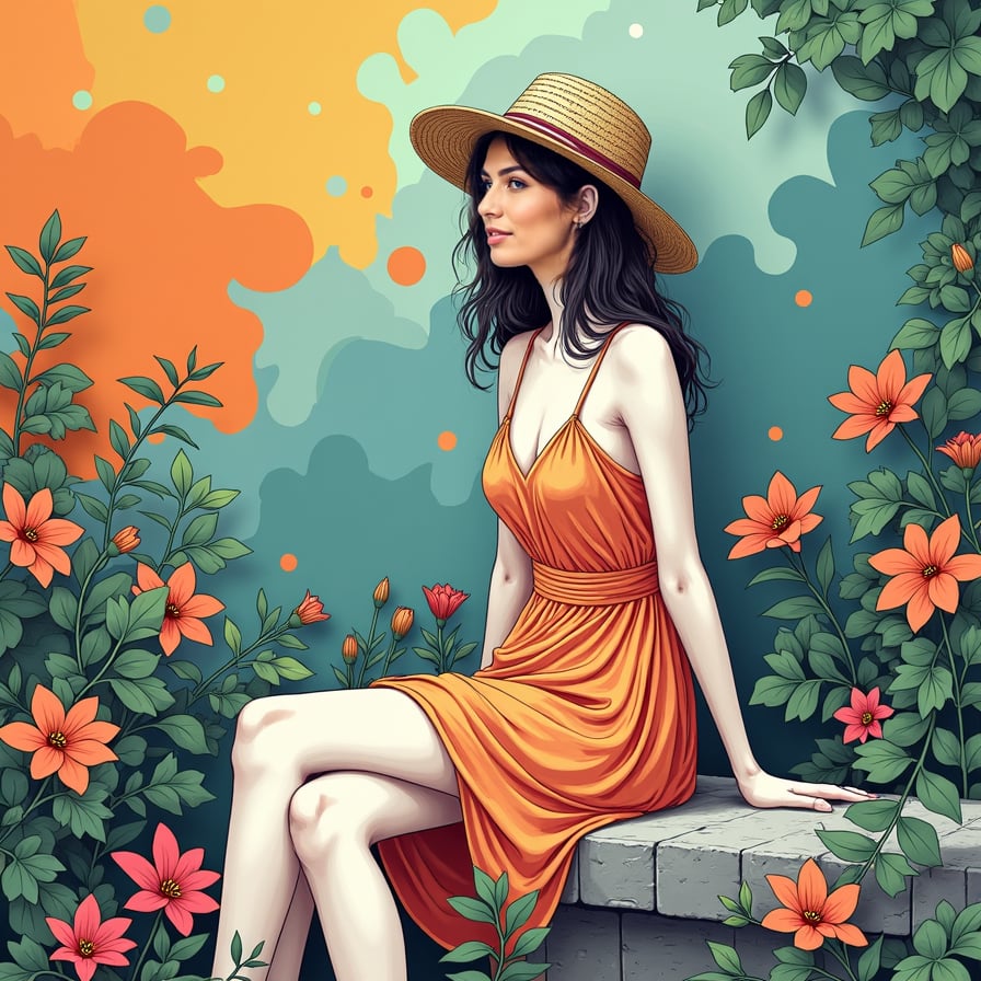 girl in a flowy sundress, sitting on a stone bench, surrounded by lush greenery and vibrant flowers, basking in the warm sunlight in a serene garden setting.