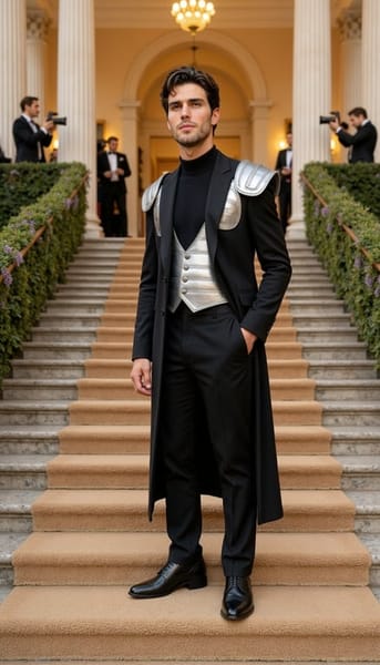 Background: actual 2026 Met Gala setting at the Metropolitan Museum of Art, grand stone steps, tan stone-garden carpet with moss-green patches, soft wisteria floral framing, polished marble, warm evening gala lighting, subtle photographers blurred in the background.
Model: fictional male model in couture menswear inspired by museum armor, featuring a tailored black suit fused with brushed silver chest plating, articulated shoulder details, engraved metallic panels, and a long ceremonial coat; standing upright with a heroic posture and chin lifted.
Camera: low-angle full-body fashion shot, dramatic and sculptural.