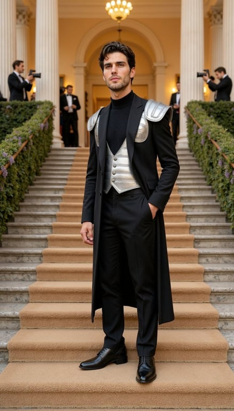 Background: actual 2026 Met Gala setting at the Metropolitan Museum of Art, grand stone steps, tan stone-garden carpet with moss-green patches, soft wisteria floral framing, polished marble, warm evening gala lighting, subtle photographers blurred in the background.
Model: fictional male model in couture menswear inspired by museum armor, featuring a tailored black suit fused with brushed silver chest plating, articulated shoulder details, engraved metallic panels, and a long ceremonial coat; standing upright with a heroic posture and chin lifted.
Camera: low-angle full-body fashion shot, dramatic and sculptural.