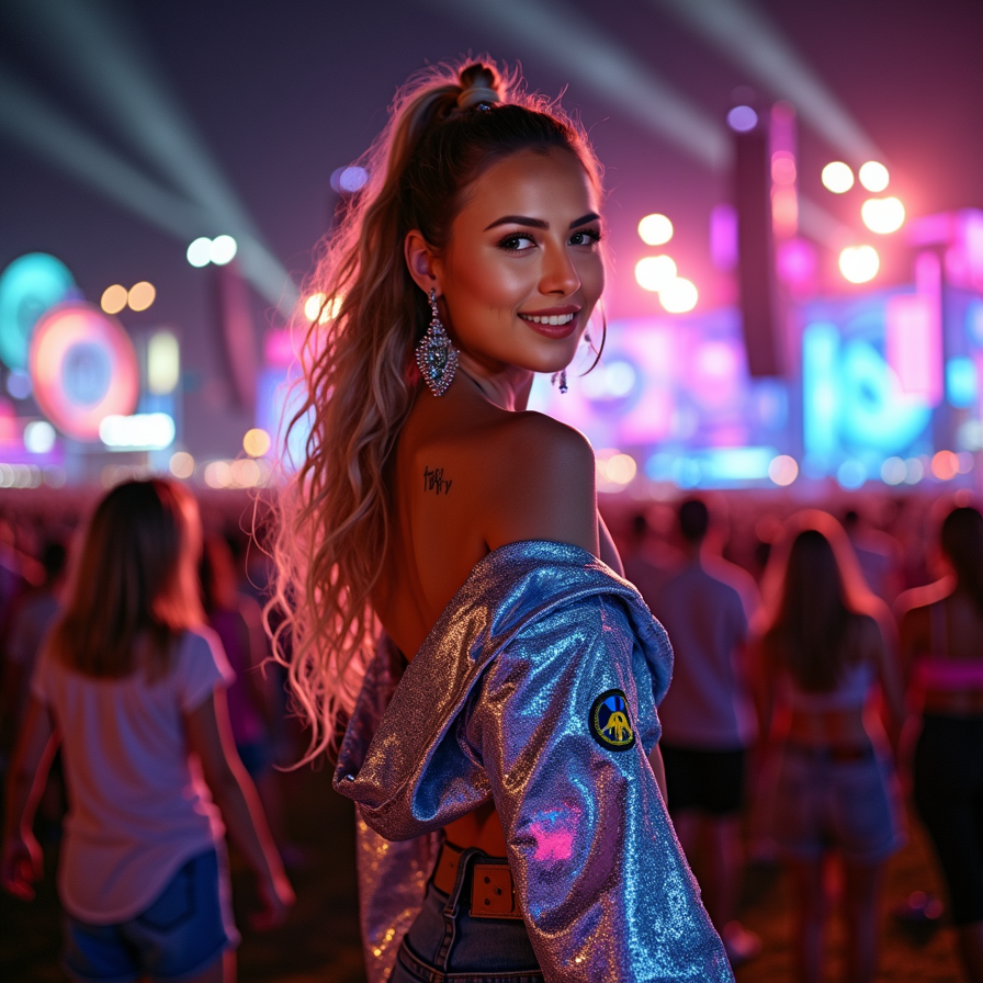 A woman with a radiant smile faces the camera at a massive music festival. She’s