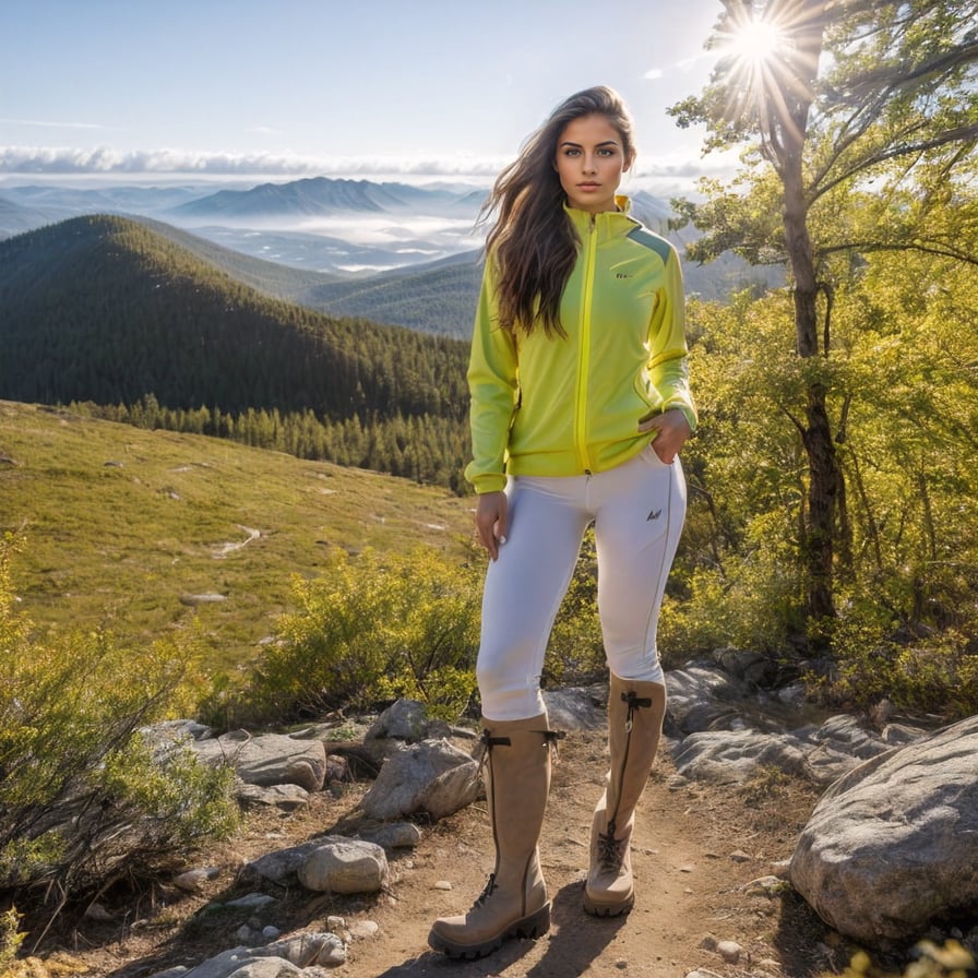 Determined woman on trek, snow-capped peaks, glowing light.
