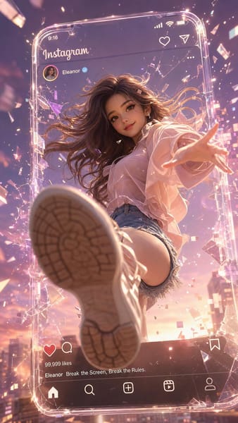 A stunning girl with an elegant temperament, positioned within a 3D transparent glass smartphone screen displaying a social media post. She is captured in a dynamic, natural pose as if stepping out of the screen into the real world. One foot is extended aggressively toward the viewer, utilizing dramatic 3D perspective to create intense depth and immersion.
The smartphone screen edges feature realistic, delicate glass cracks and digital particle effects. A multitude of glowing pixel fragments and light particles scatter outward, creating a futuristic digital screen-breaking visual effect. All fragments and light effects follow the character's movement, providing cinematic spatial depth.
The color palette features a warm beige, soft pink, and dreamy purple gradient background, combined with golden-pink sunset lens flares and cinematic soft lighting. The style is a fusion of Pixar and semi-realism, featuring ultra-fine textures, soft depth of field, and 8K ultra-high-definition quality.
Optimized for a vertical 9:16 aspect ratio, suitable for social media display.