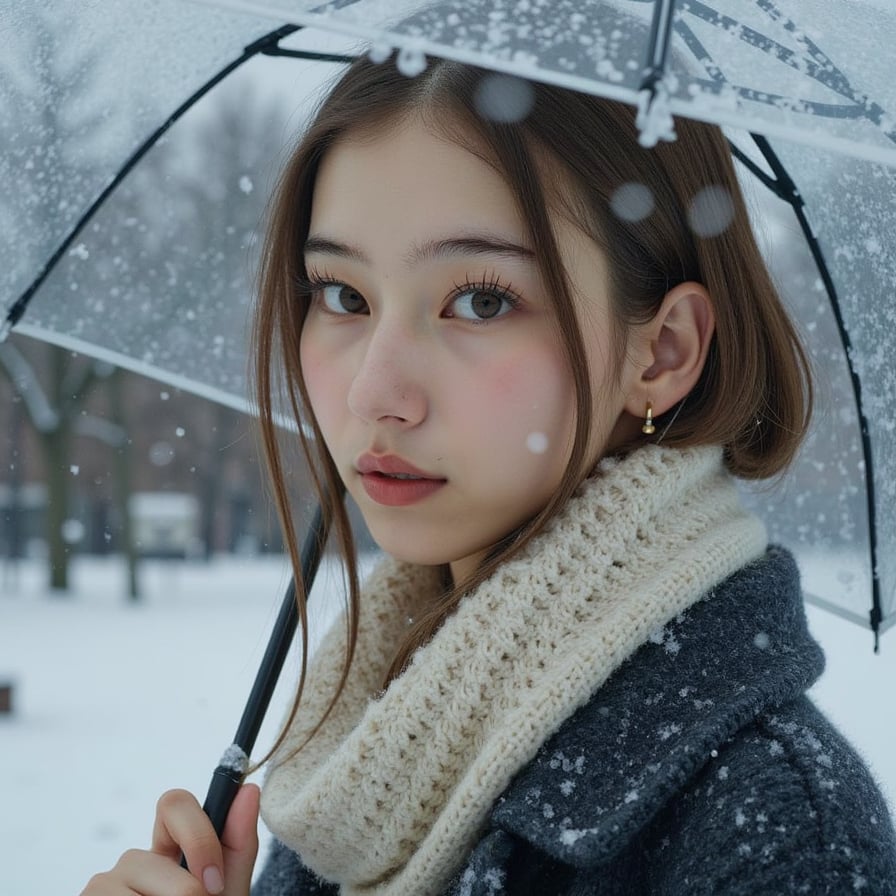 A woman standing outdoors during soft snowfall, captured in a highly detailed, highly realistic HDR headshot, holding a transparent umbrella slightly above her head. Camera angle: eye-level. She has light brown wavy hair tucked into a cream knit scarf, wearing a dark wool winter coat with subtle fabric texture. Her cheeks have a natural winter flush, eyelashes dusted with tiny snowflakes, lips softly pink. Lighting: soft diffused cloudy daylight creating gentle shadows. Background is a cool-toned snowy park, blurred with shallow depth of field, minimal clutter, soft bokeh snowflakes drifting past the lens. Mood: peaceful winter day.