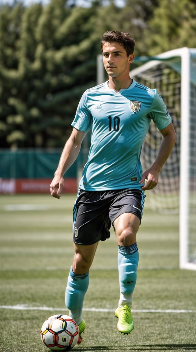 Athletic man in action, soccer jersey, green field, sunlight.