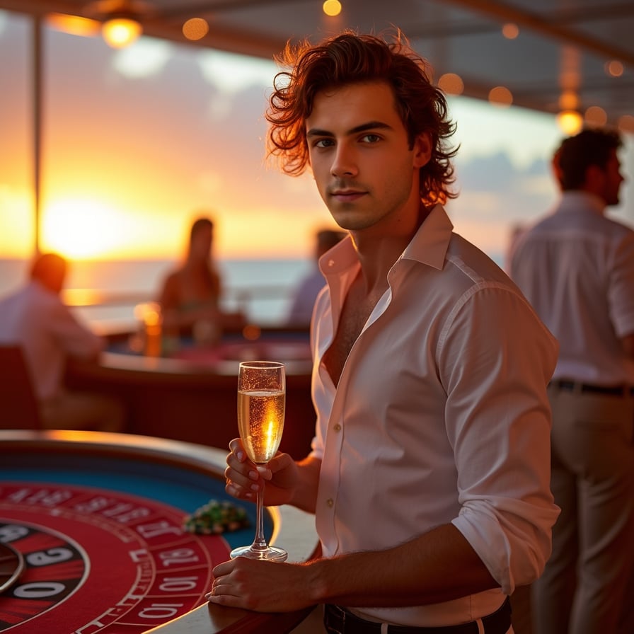 The model is in the ship’s casino, dressed in glamorous evening wear. She’s playing a game at the casino table or mingling with other guests, with the vibrant, sophisticated atmosphere of the casino adding to the scene.