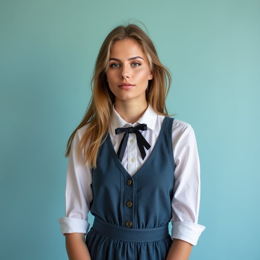 School dress, blue background, 1990s style, warm lighting.