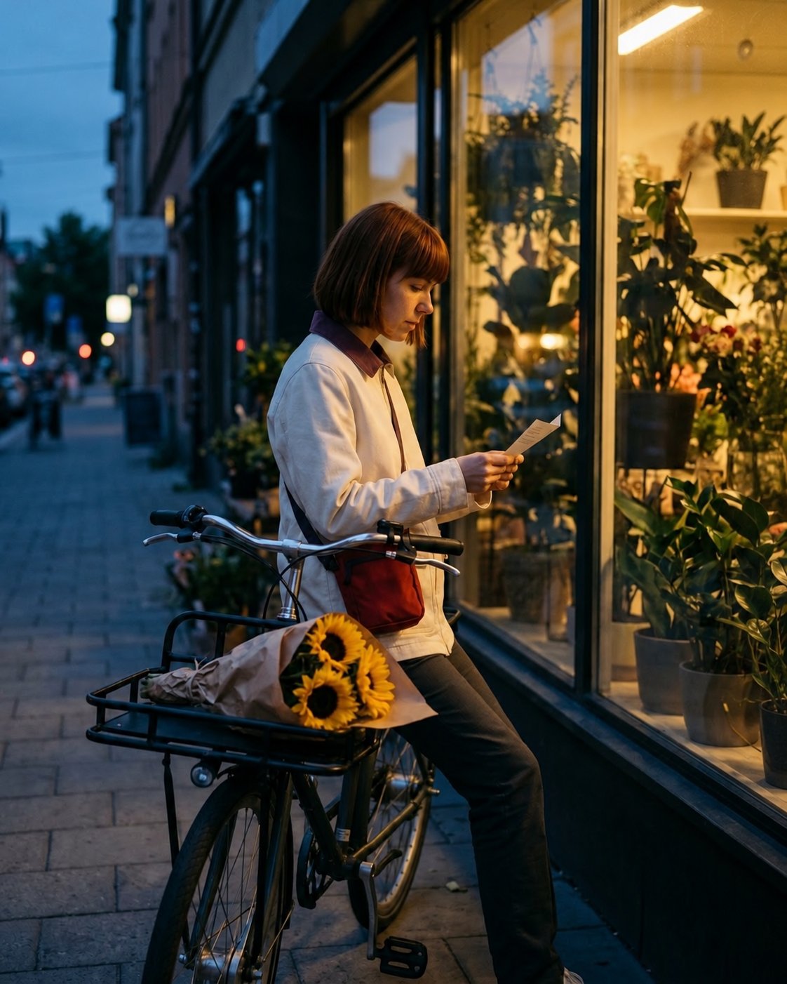 Mika in profile beside her bicycle outside a flower shop at blue hour, reading a delivery
note