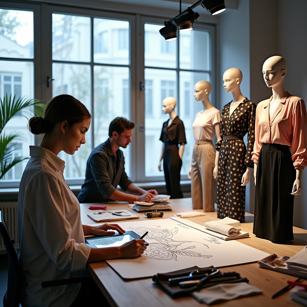 A high-tech fashion design studio, a designer sketches on a digital tablet, detailed fabric samples and sewing tools on the workbench, mannequins dressed in avant-garde outfits, large windows with natural light pouring in, highlighting the creative process