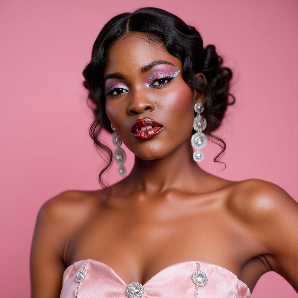Front-facing close-up of a woman with glittery eye makeup, diamond rhinestones around eyes, glossy red lips. Hair styled in loose, messy curls. Background: solid pastel pink. Expression: playful, lips slightly parted. Spotlight reflections catch rhinestones and gloss, hyperreal skin beneath.