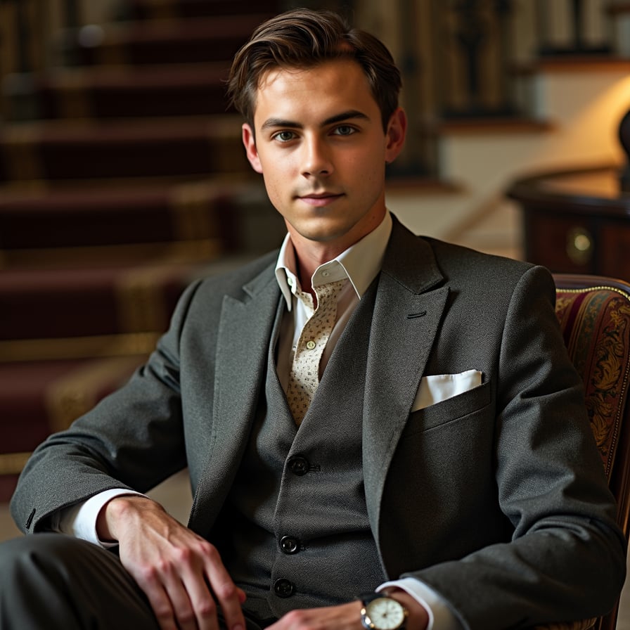 man with an aristocratic vibe. He is posed against a backdrop of a grand staircase or a lush, private estate. He is dressed in semi-formal attire, such as a blazer with an open-collared shirt, and his expression is calm and confident. The lighting should highlight his features and convey understated opulence