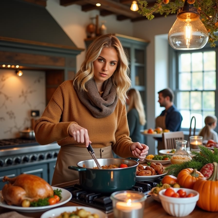 A woman in her 40s is in the midst of cooking a large Thanksgiving meal in a beautifully designed, modern farmhouse kitchen. She’s smiling and wiping her brow as she stirs a large pot on the stove, surrounded by ingredients and side dishes in various stages of preparation. The kitchen is full of life, with other family members helping in the background, creating a lively and bustling scene