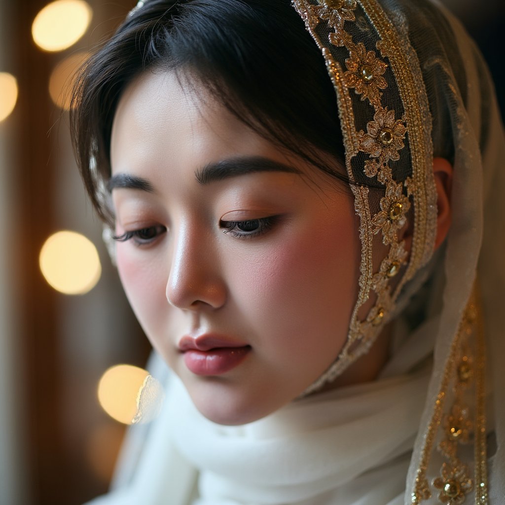 Close-up headshot of a woman in an elegant hijab with gold embroidery, eyes closed in reflection, soft background lights resembling Mawlid night ambiance