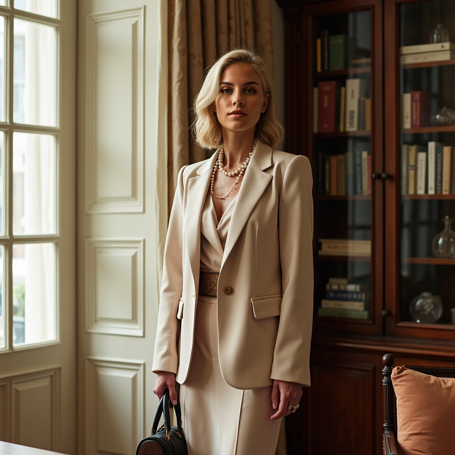 woman radiating old-money grace. She is standing near a large window with natural light streaming in, wearing a timeless outfit like a tailored blazer or a flowing gown. The background is clean and refined, with soft, luxurious textures that complement her polished look