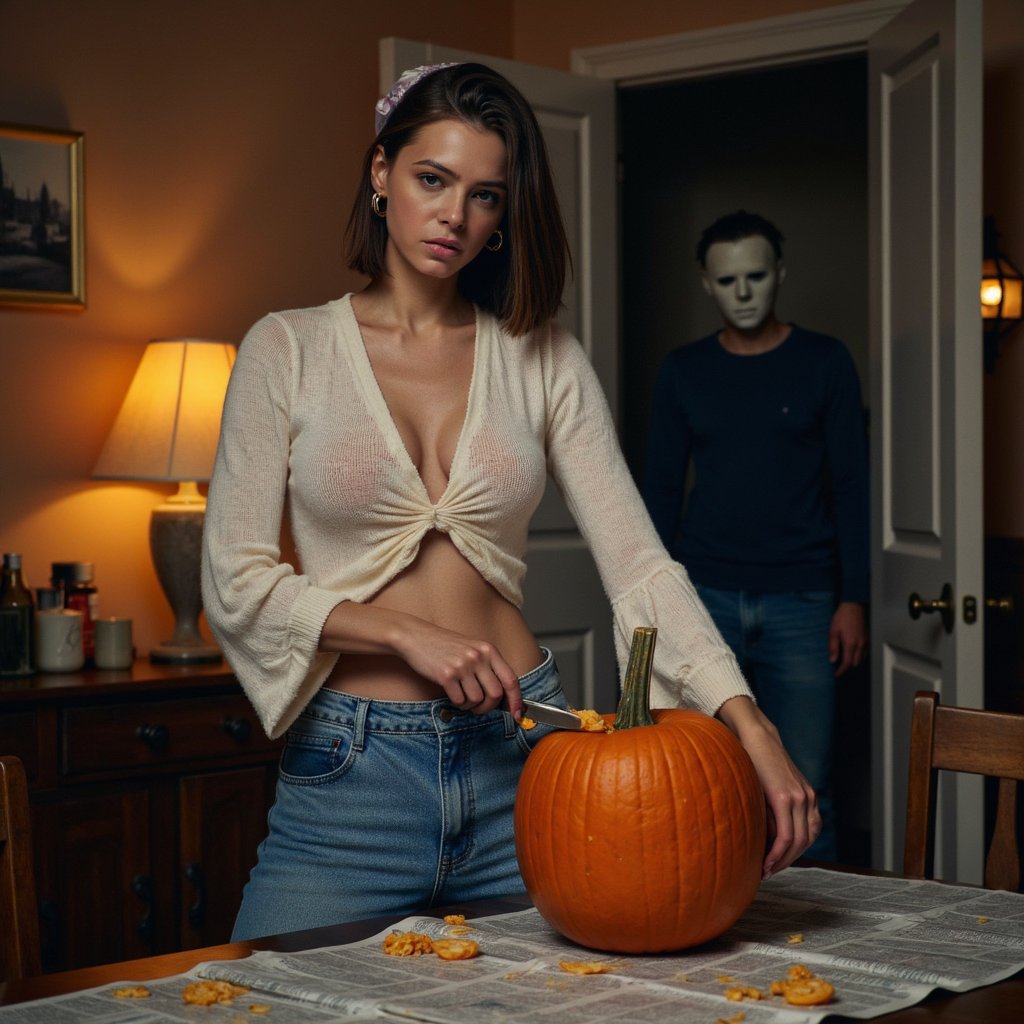 A woman stands at a retro-style wooden kitchen table, carving into a pumpkin with a small knife. She wears a cropped knit cardigan with bell sleeves and flared jeans, styled with hoop earrings and a silk scarf in her hair. Her makeup is simple yet sharp with glossy lips. Pumpkin guts and seeds spill onto newspaper spread across the table. The dim amber kitchen lamp casts heavy shadows across the room. In the doorway behind her, Michael Myers can be seen, his pale mask barely lit against the dark hallway.