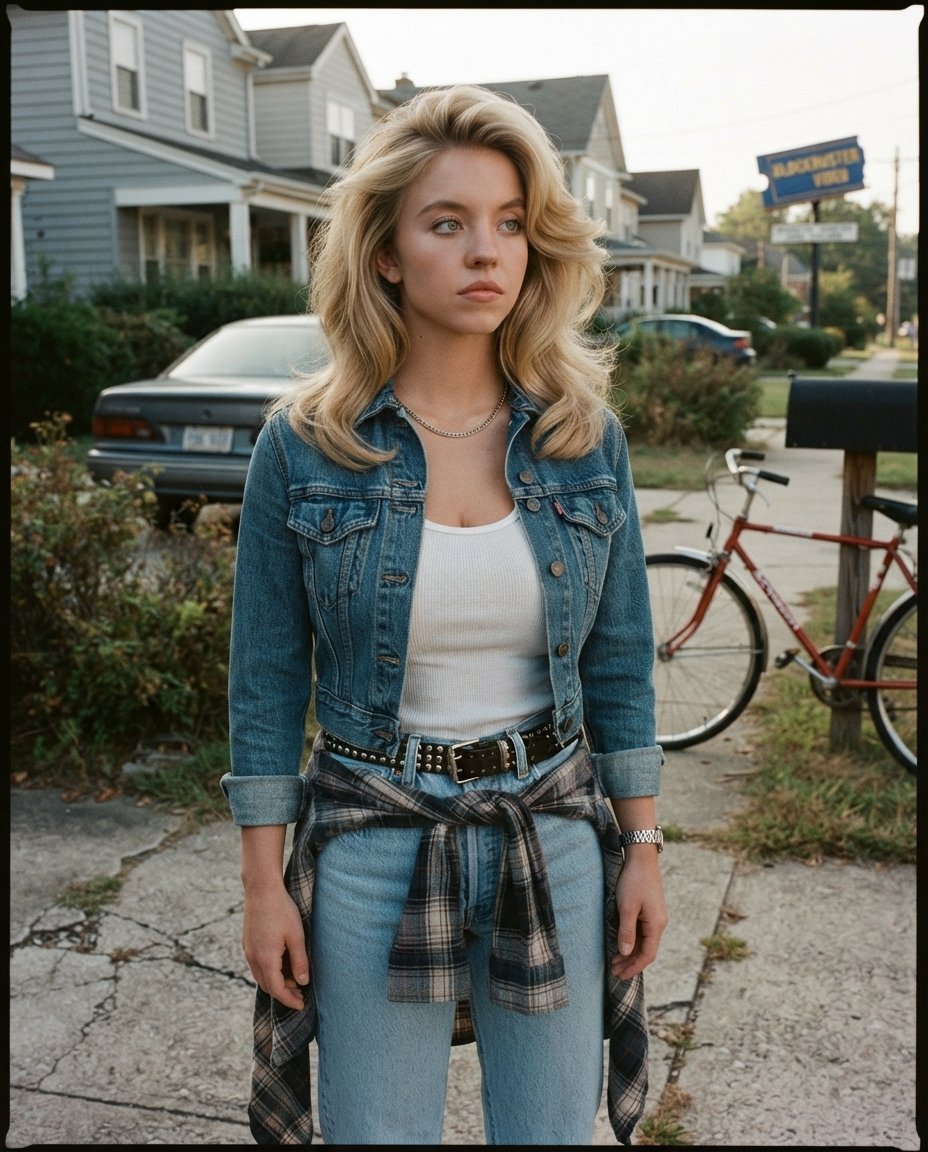 Transform the uploaded photo into a photorealistic American 1980s/1990s photograph while keeping the woman’s exact facial identity and recognizable features unchanged.
Preserve her face, facial structure, eyes, nose, lips, natural skin tone, age, body proportions, and overall recognizable appearance. Do not modify or beautify her face.
Change the clothing to authentic American 80s/90s fashion appropriate to the selected decade: high-waisted jeans, denim jacket, oversized sweatshirt, vintage graphic tee, leather/bomber jacket, plaid shirt, crop top, sweater, sneakers, boots, or other period-accurate styling.
Change the background into a believable American 80s/90s environment such as a suburban neighborhood, retro diner, bedroom, mall, arcade, school hallway, beach, city street, record store, or convenience store.
Add authentic period details such as vintage cars, CRT televisions, cassette players, landline phones, old posters, furniture, signage, hairstyles, accessories, and architecture only where appropriate to the scene.
The final image should look like a real candid photograph taken in America during the 1980s/1990s, captured on a consumer 35mm film camera or disposable camera.
Include realistic analog characteristics: natural skin texture, subtle pores and imperfections, authentic film grain, slight softness, mild lens imperfections, natural shadows, imperfect exposure, realistic flash falloff when appropriate, slightly faded colors, and subtle film color variation.
Do not simply apply a sepia/vintage filter. Reconstruct the entire environment and styling to genuinely belong to the era.
Keep the person immediately recognizable as the same individual.
No modern clothing, smartphones, modern cars, contemporary interiors, modern signage, excessive grain, extreme color grading, plastic skin, face alteration, age alteration, AI-looking features, cartoon style, or artificial-looking vintage effects.