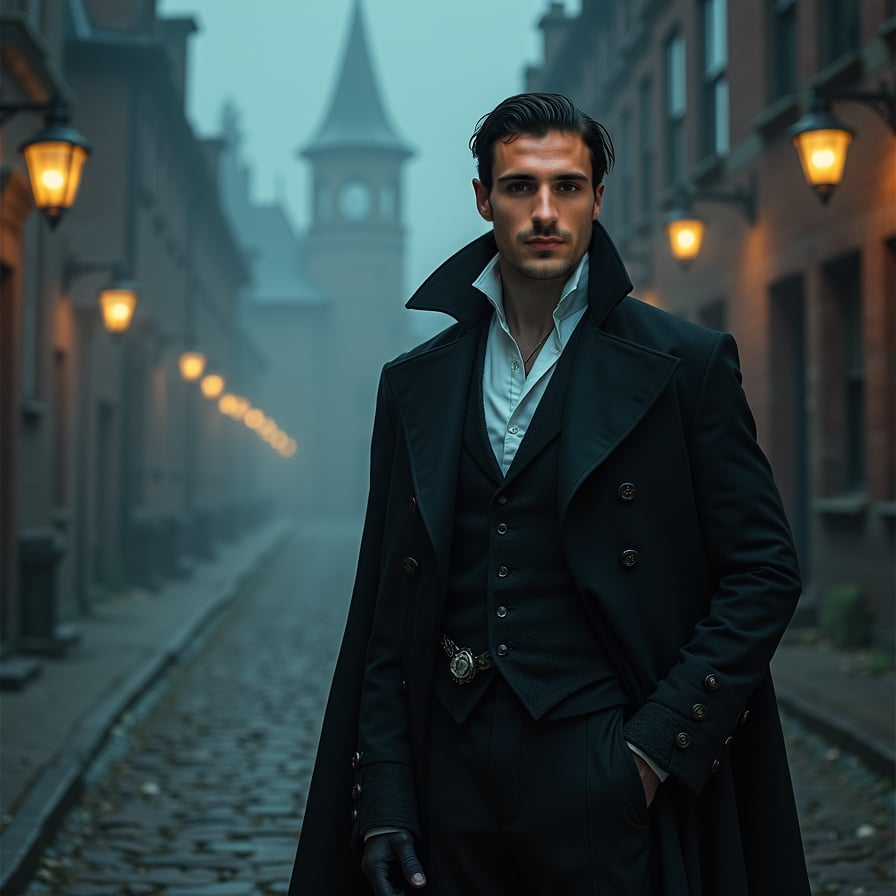 Create a scene of a vampire man in Victorian attire, with a high-collared black coat and a silver pocket watch, standing in a foggy cobblestone alley. He has pale skin, sharp features, and his dark hair is slicked back. His expression is intense, as if he's waiting for someone or something. The gas lamps cast a soft glow in the fog, giving the scene an eerie, suspenseful mood.