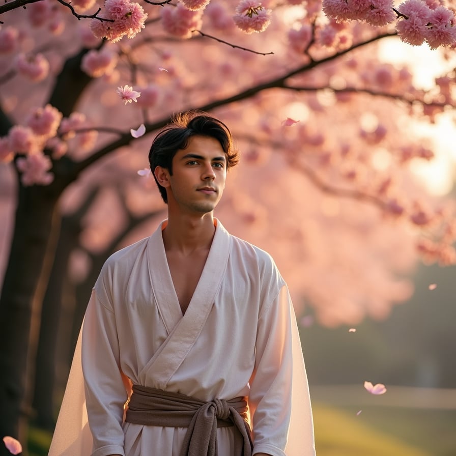 A young man in a traditional Japanese kimono walks under a canopy of pink sakura trees, petals gently falling around him. The setting sun casts a golden glow, creating a serene and dreamlike atmosphere.