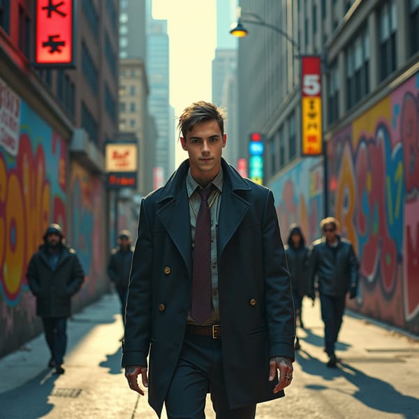 man in stylish suit and tie, walking confidently down a bustling city street, against a backdrop of towering skyscrapers and blurred pedestrians, with a sense of urban sophistication and refinement.