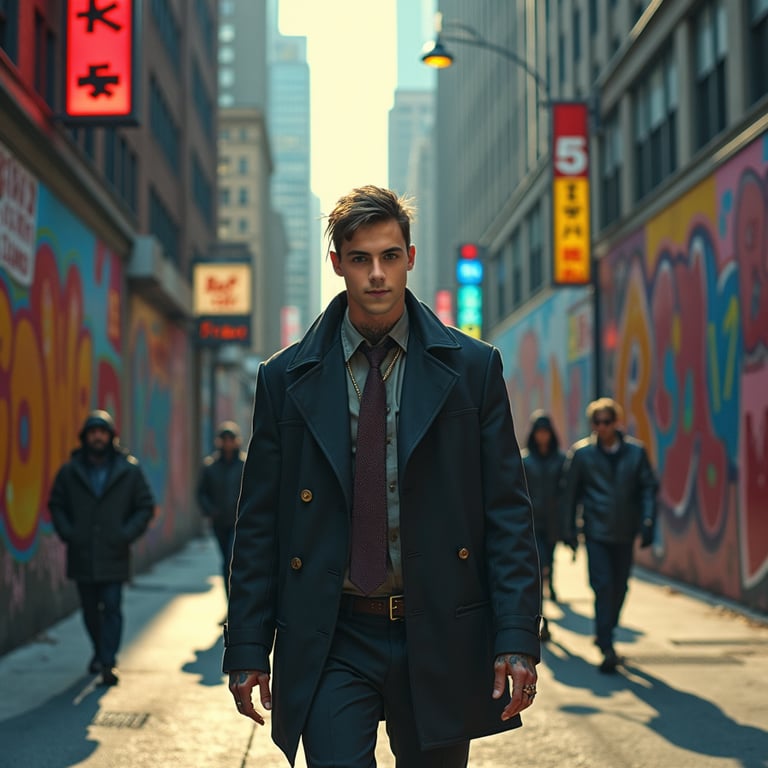 man in stylish suit and tie, walking confidently down a bustling city street, ag