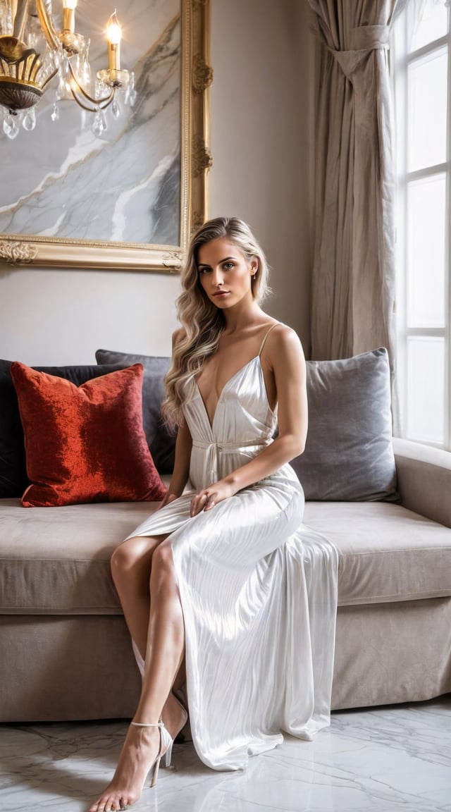 Elegant woman in gown, penthouse, opulent living room.