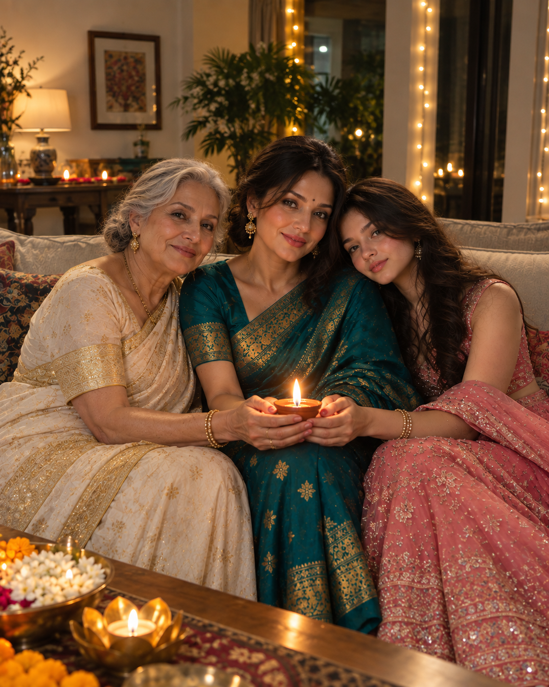 AI Diwali family photo of three generations holding one lit diya together