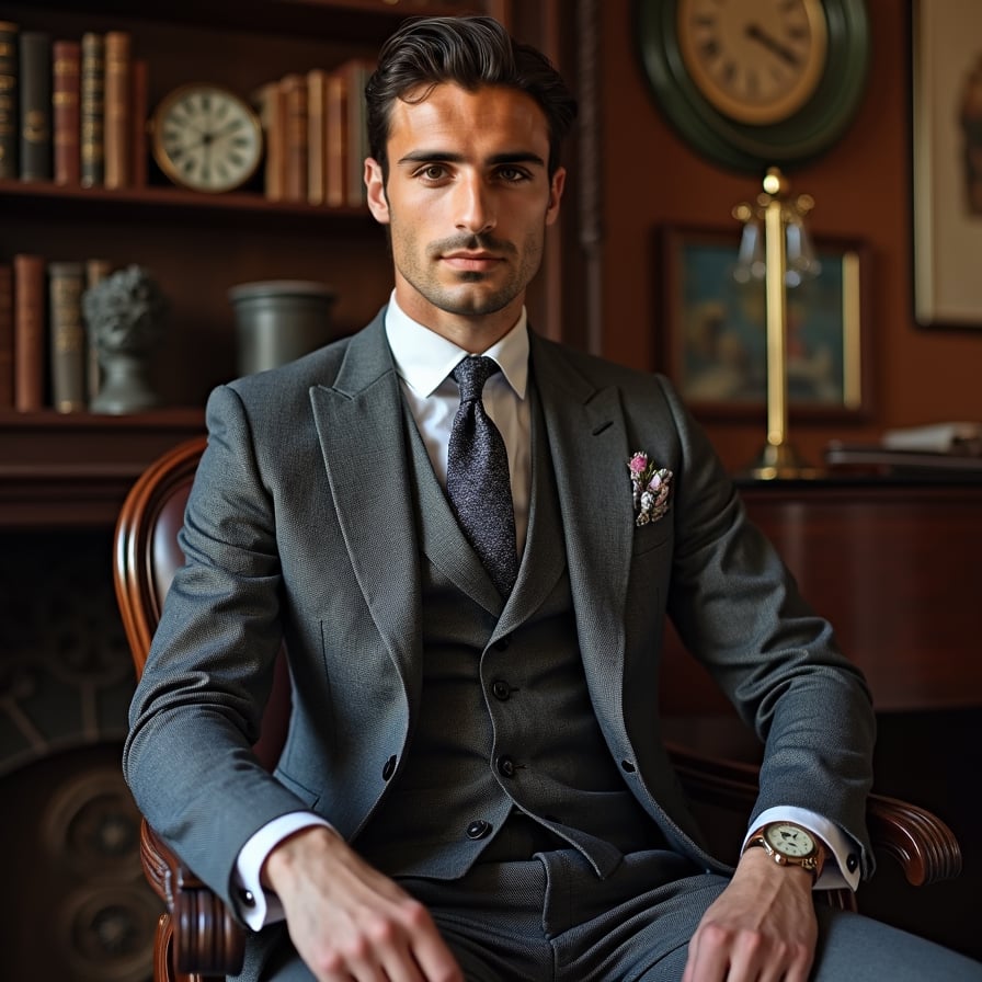man in bespoke three-piece suit with subtle pattern, crisp dress shirt, and classic tie, seated in refined setting with antique decor, leather-bound books, or grand piano, soft warm lighting, vintage watch, leather bag, exuding timeless elegance and understated luxury