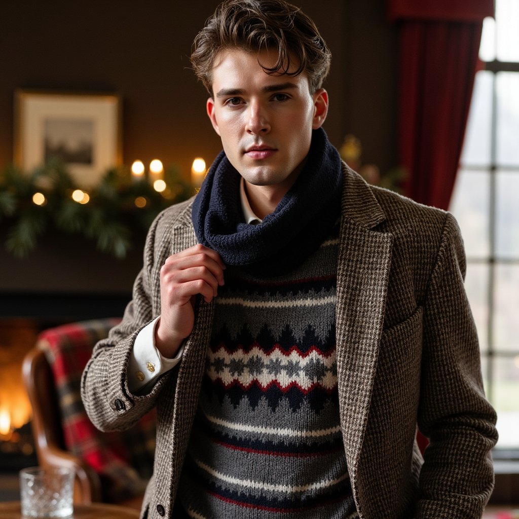 Man standing near a mullioned window, body angled 30° from camera, eyes to lens, calm expression. Hairstyle: side-part with light pomade, neatly trimmed beard. Attire: heritage Fair Isle wool sweater layered over an Oxford shirt; tweed sport coat draped over shoulders; wool scarf loosely looped. Fabric details: jacquard knit definition, tweed herringbone, oxford weave. Camera: slightly above eye-level, 50mm, f/2.2. Lighting: cool daylight key through window + warm bounce from room for mixed-temperature holiday glow. Background: blurred evergreen boughs, leather-bound books, subtle tartan throw on a chair; minimal objects, no clutter. Pose: one hand lightly touching scarf edge. Render: highly detailed, highly realistic, HDR; crisp knit pattern; lifelike eye catchlights.