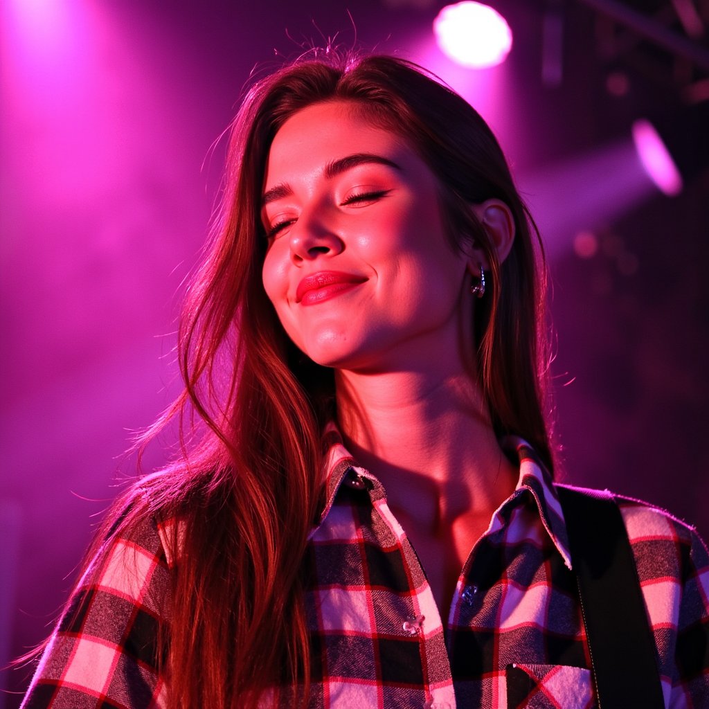 Portrait of an indie singer mid-song, eyes closed, gentle expression, soft stage spotlight on face, wearing plaid shirt with guitar strap visible — Ed Sheeran Play vibe