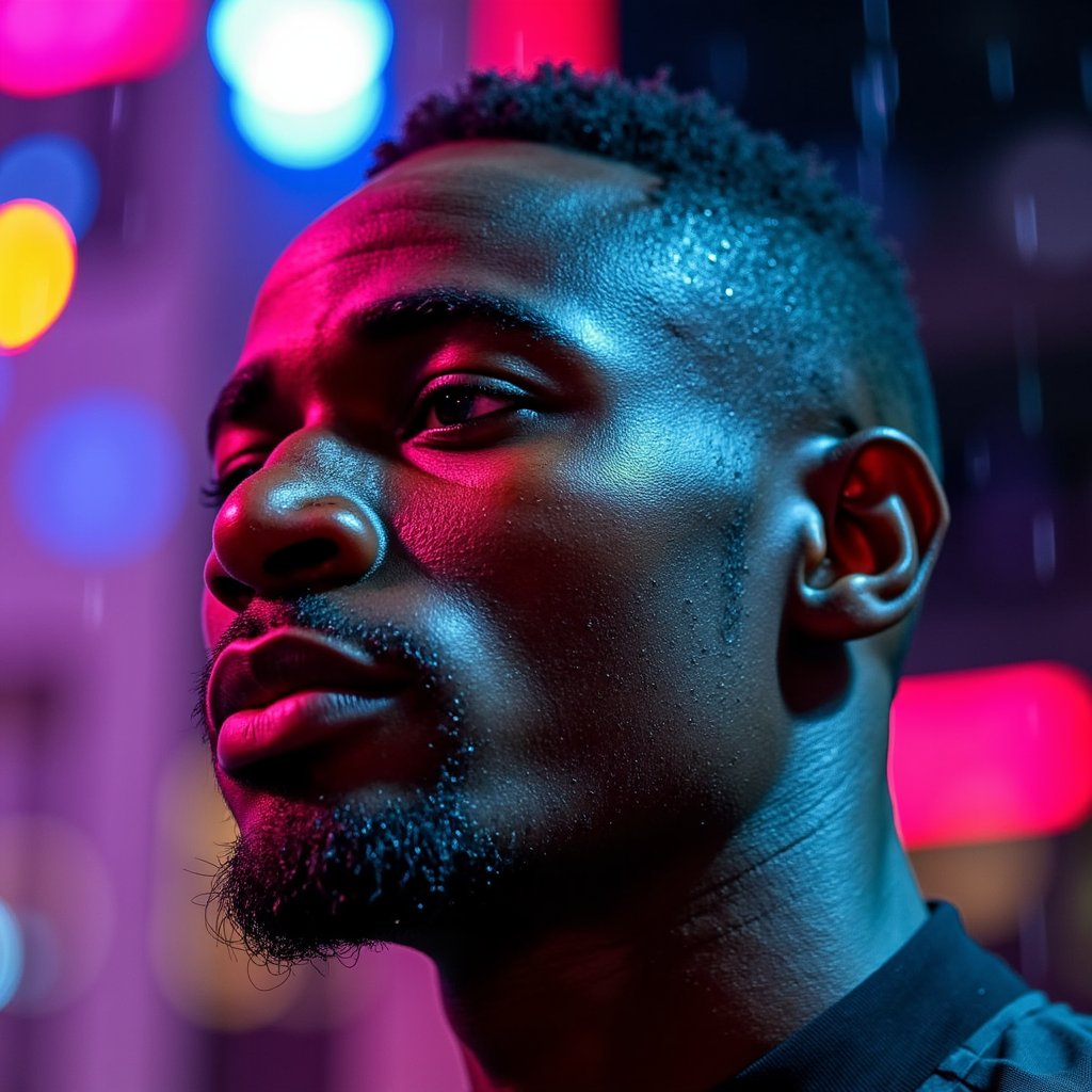Close-up headshot of a player under neon-lit rain with water droplets on face, motion blur in background, hyper-detailed rendering — EA SPORTS FC next-gen look