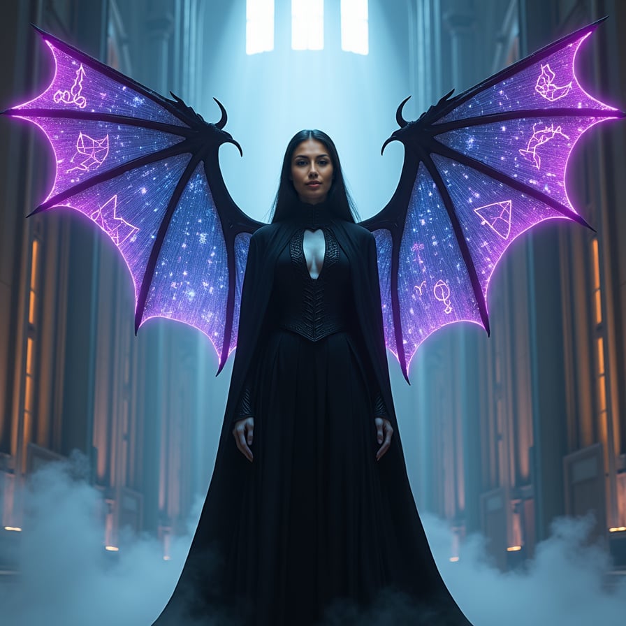 Depict a futuristic vampire woman with holographic wings standing in a grand, futuristic cathedral-like structure. Her wings emit a faint, digital glow, shifting colors between violet and blue. She wears a dark, high-collared cloak with neon accents, and her skin is porcelain white. She stands atop a platform, looking down as if she’s about to make an announcement, with holograms of ancient vampire symbols floating in the air around her.