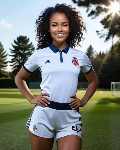 Athletic woman playing soccer, dynamic pose, sunlit field.