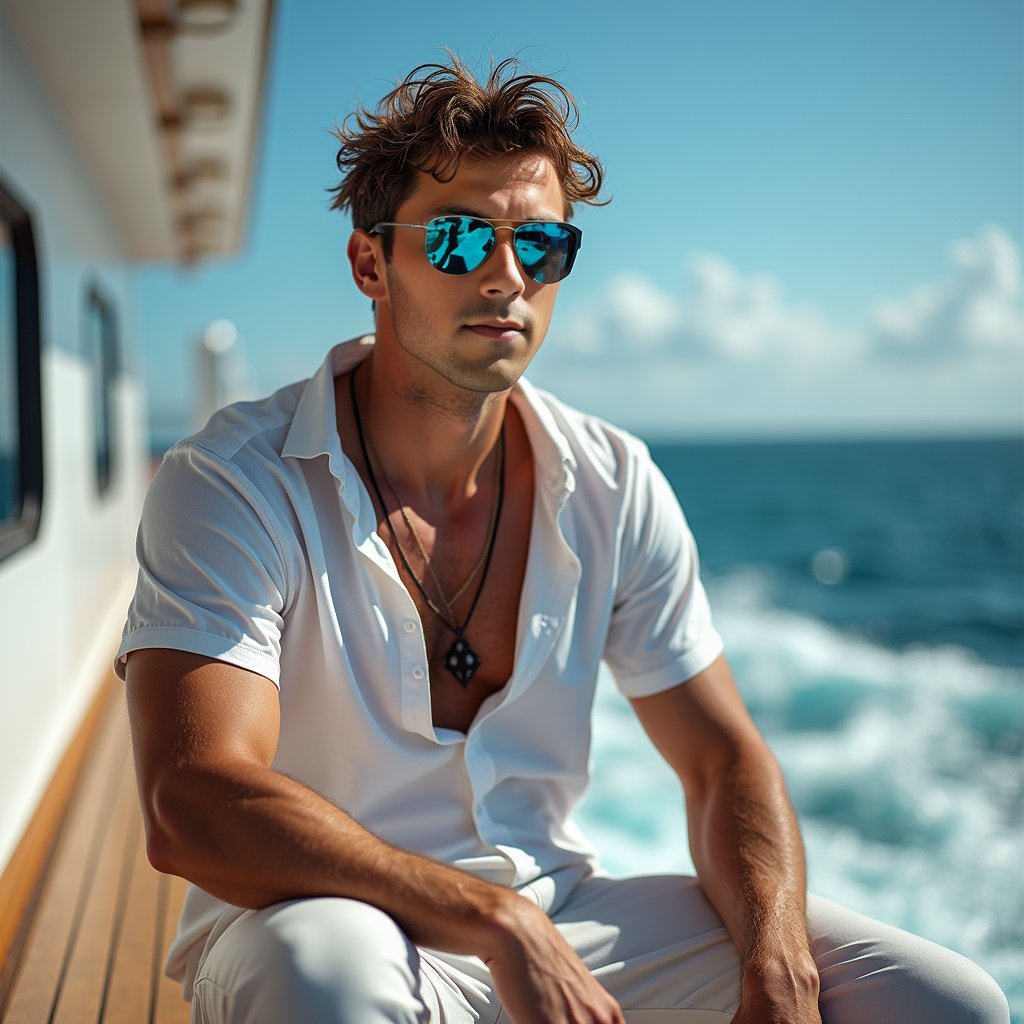 Linen-clad man on cruise, champagne, sunset, relaxed vibes.