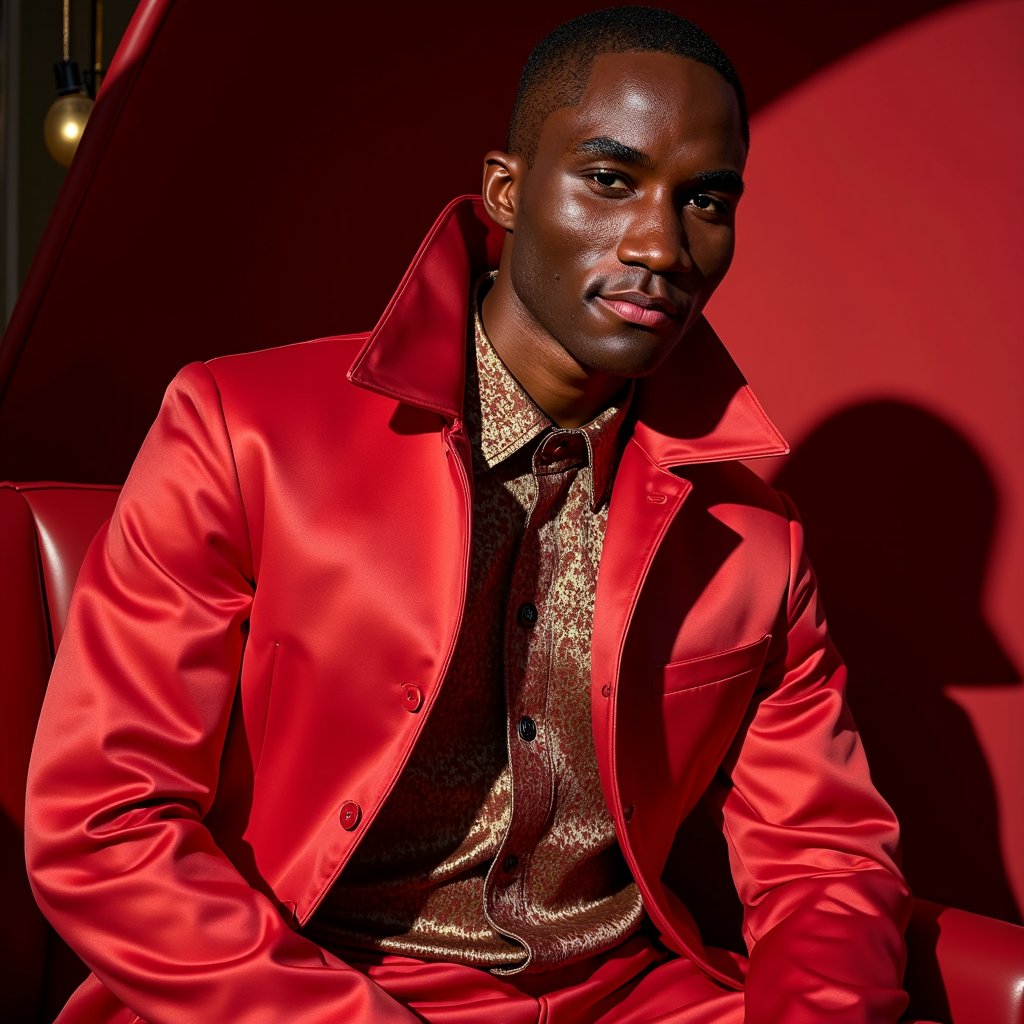 man wearing a vibrant red satin bomber jacket featuring an exaggerated, sculptural collar that stands dramatically. He has a subtle smirk playing on his lips, with his body held straight and assertive. His skin appears clean and sharp, complemented by minimalistic makeup and a hint of subtle stubble that adds texture. His hair shows natural texture, styled in a contemporary manner. The entire scene is bathed in focused spotlighting that dramatically accentuates the reflective qualities of the satin and the contours of his face, set against a solid, bold red backdrop for maximum impact.