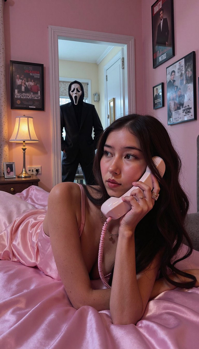 Create a photo of woman in a dreamy y2k style portrait of me laying on a shiny pink satin bedding as she holds a large 90s style chorded phone and in a thoughtful daydreaming pose her long black hair falls freely in loose curls with pink clips on each side. she wears delicate jewellery including dainty gold necklaces and accessories and gold chunky rings. the room behind her is girly and daydreamy with 90s posters. her makeup is simple yet glamorous with brown lipgloss and brown lip liner. the photo should have a grainy 90s style to it with a light source like a lamp in a dimly lit room at night. The Ghostface killer from Scream should be behind her staring at her, his body should be dimly lit, and he should be standing in the doorway of a dimly hallway. The background behind he should be 150 slightly dark and ominous.