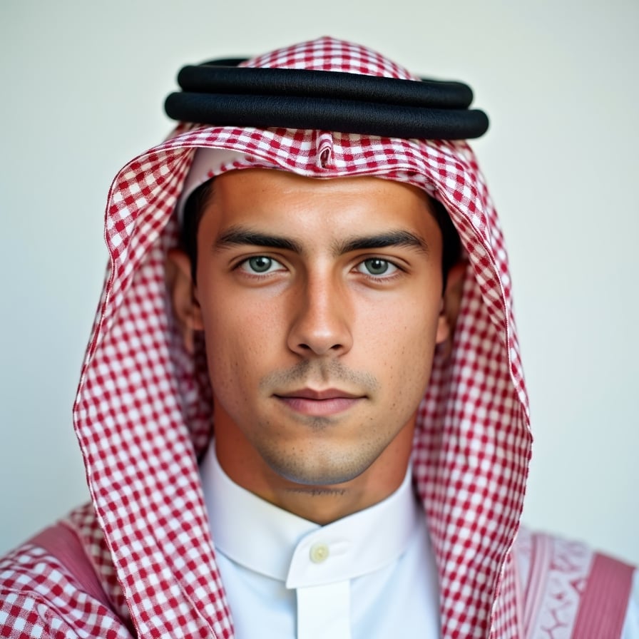 A passport-size photo of a person wearing a traditional thobe and keffiyeh, adhering to cultural norms. The background is plain and light-colored, with balanced lighting and no shadows. The individual is centered and has a neutral expression
