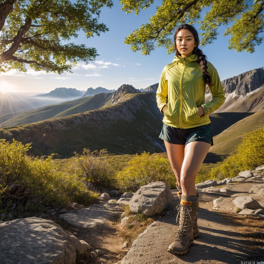 Determined woman on trek, snow-capped peaks, glowing light.