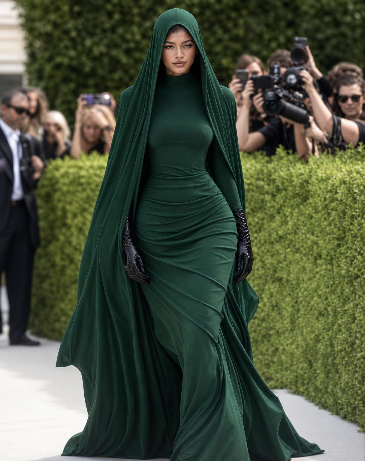 Use the uploaded image as the ONLY visual reference. Edit this exact photograph rather than recreating the entire scene from scratch.
Preserve the original camera angle, full-body framing, walking pose, hand placement, runway, green hedge, photographers, spectators, depth of field, daylight, shadows and overall composition as closely as possible.
FACE REVEAL: Replace ONLY the completely black, featureless facial covering with a newly generated, naturally beautiful photorealistic female face. Give her a glamorous Zendaya-inspired high-fashion beauty aesthetic and red-carpet presence, without making the result an exact identity replica. Elegant almond-shaped eyes, refined facial structure, realistic lips, natural skin texture, subtle luminous makeup and a confident, composed expression. The face must fit naturally inside the existing hood with realistic shadows around the forehead and sides of the face. Do not make the face look pasted on, overly smooth or artificial.
FIGURE: Preserve and noticeably emphasize the bold, voluptuous hourglass silhouette of the reference: a clearly defined narrow waist, fuller bust, pronounced rounded hips and fuller feminine curves. The fitted fabric should naturally contour the waist and hips, making the hourglass shape clearly visible even beneath the draping. Keep the proportions anatomically believable and elegant. Do not slim the body, flatten the curves, narrow the hips, make the torso boxy, or change her into a straight silhouette.
OUTFIT: Keep the exact same gown design and construction from the reference — same fitted long-sleeve bodice, hood, long cape, ruched waist and hips, asymmetric draping, floor-length skirt, folds and flowing train. Do NOT invent a new dress or add extra fabric. Recolour the existing black fabric into a luxurious deep emerald green, maintaining realistic highlights, shadows, folds and fabric texture. Keep the long glossy gloves black, exactly as in the reference.
Keep the original walking stance and full dress visible from hood to floor. Preserve the dramatic couture feeling of the original photograph.
The final image should look like a real edited version of the original event photograph, as though only the facial covering was removed and the existing gown was recoloured. Authentic paparazzi/editorial photography, realistic skin pores, natural facial detail, realistic fabric physics, subtle photographic grain, natural daylight and shallow depth of field.
Do not: redesign the gown, change the pose, reduce the curves, alter the body into a slim/straight figure, change the background, remove the hood or cape, change the gloves, add jewellery, add exposed skin to the outfit, change the camera angle, crop the dress, create excessive hair covering the outfit, use plastic-looking skin, fantasy styling, cartoon features, or an obviously generated appearance.