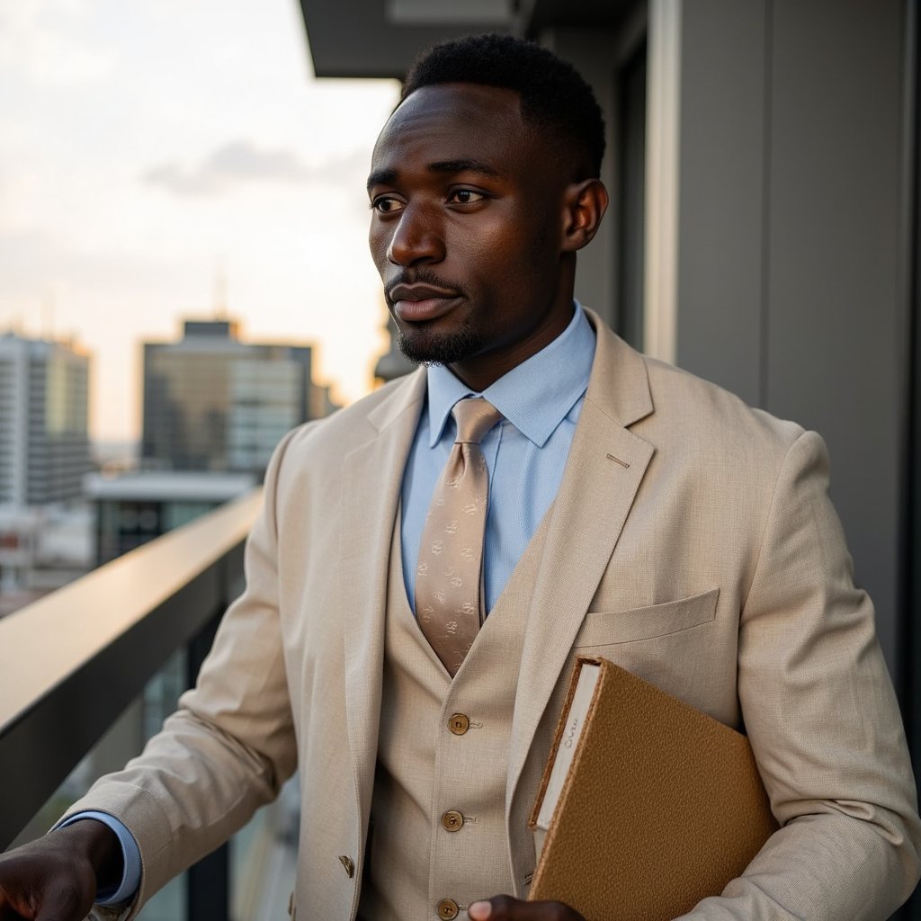 Highly realistic HDR environmental portrait of a man architect on a rooftop terrace; beige linen blazer, light blue shirt open at collar; textured sketchbook tucked under arm. Camera: 35mm lens, f/3.5, ISO 200, waist-up, low upward angle capturing skyline behind. Lighting: golden-hour sunlight from behind creates rim on hair and blazer edges, soft fill reflector from front; long directional shadows. Pose: one hand resting on terrace railing, gaze slightly off-camera, contemplative. Background: blurred glass towers and soft clouds, minimal clutter