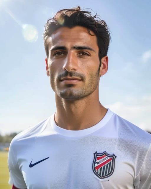 Athletic man in action, soccer jersey, green field, sunlight.