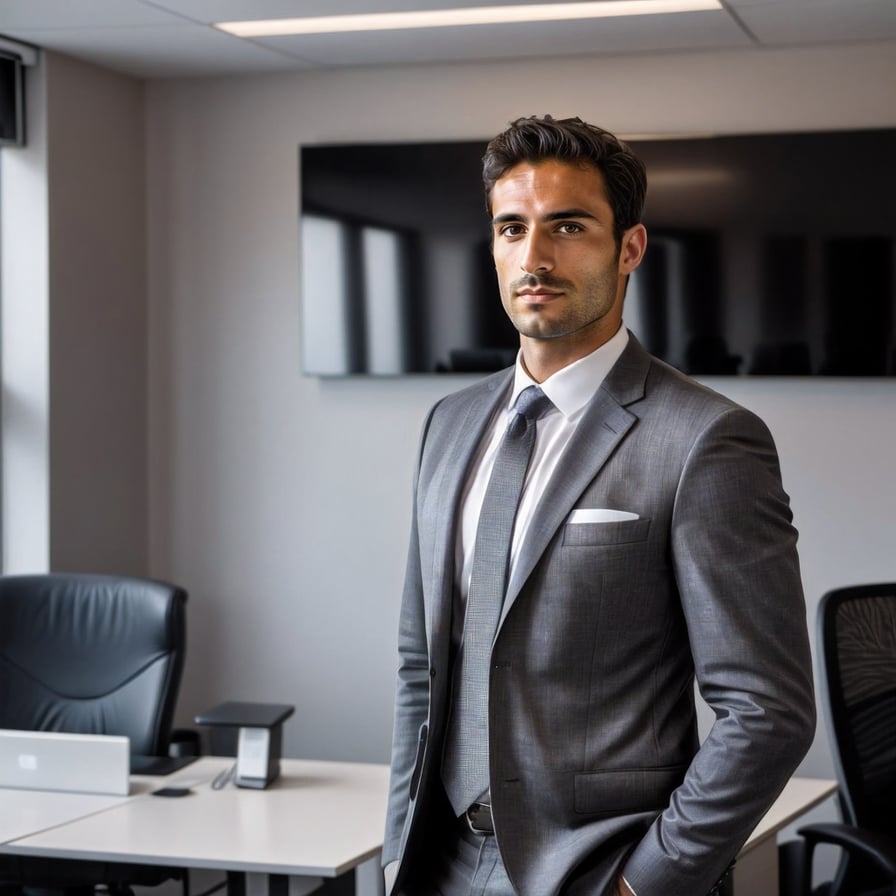 Man in modern, sleek business attire, posing confidently in a sleek glass office building, warm lighting, shallow depth of field, emphasizing ambition and professionalism.
