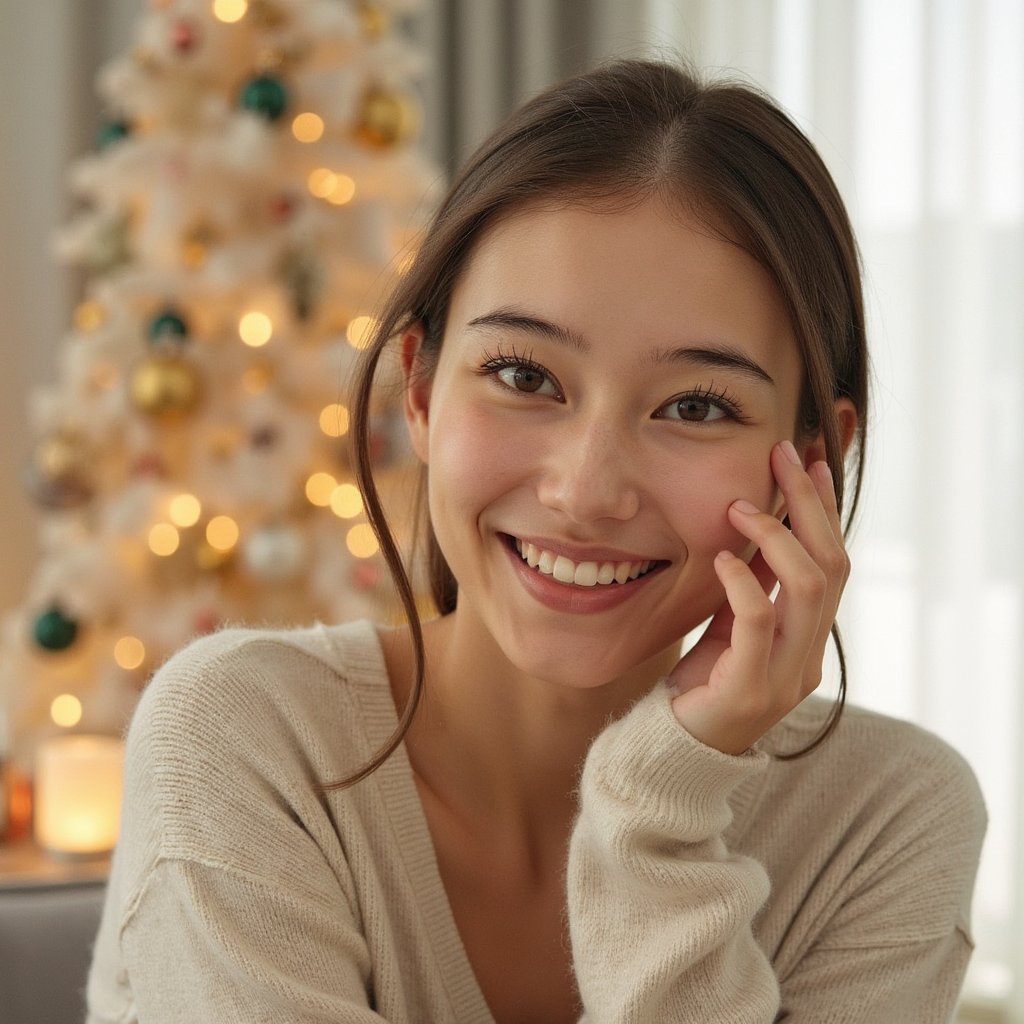 Highly realistic, HDR waist-up portrait of a woman, fresh New Year day vibe, bright and optimistic expression, natural confident smile. Clean modern outfit in light or neutral tones, soft fabric texture visible. Hair styled neatly with natural movement, healthy shine. Skin looks fresh and glowing with realistic texture and fine details. Soft daylight lighting with balanced highlights and shadows. Camera at eye level, shallow depth of field. Background minimal, bright, softly blurred, uncluttered. Ultra high resolution, highly detailed, modern New Year aesthetic.