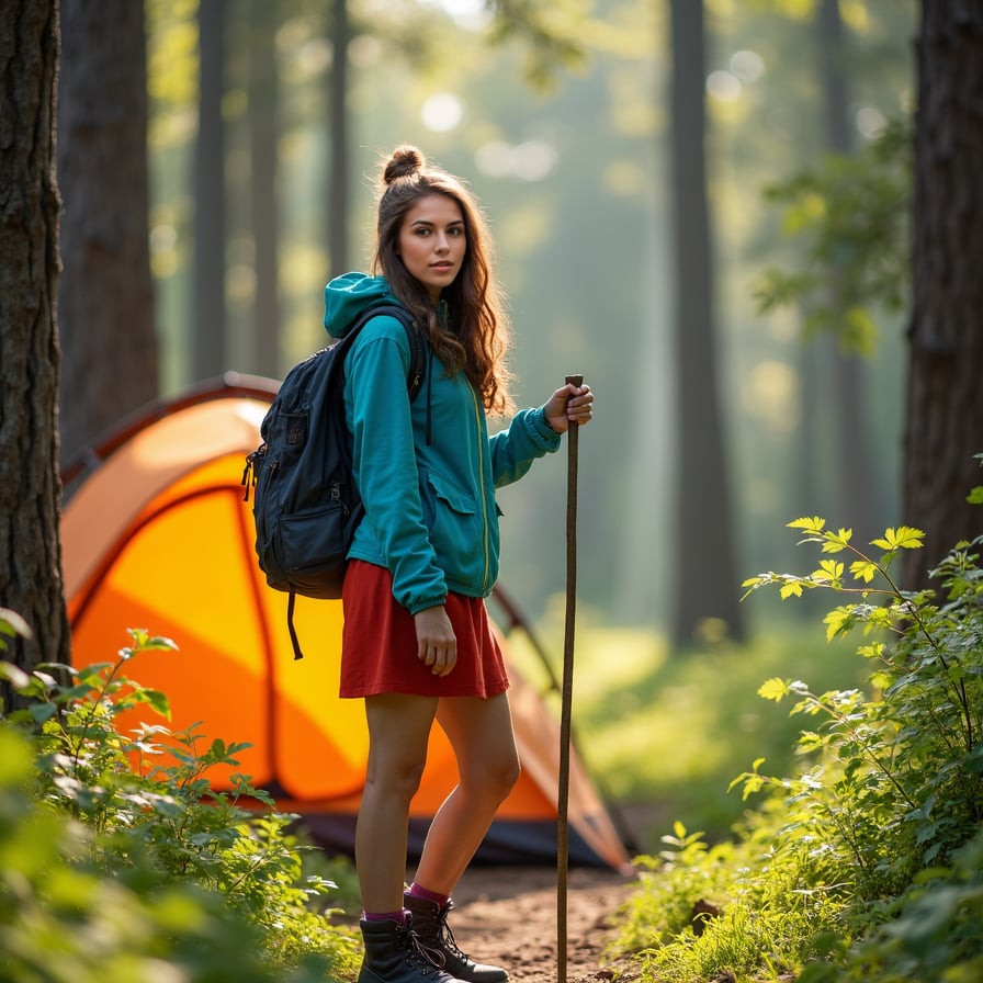 woman wearing outdoor gear, including a fleece jacket and hiking boots, standing amidst a serene forest landscape, surrounded by tall trees and lush greenery, with a camping tent and backpack nearby, posing with a walking stick and a sense of adventure.