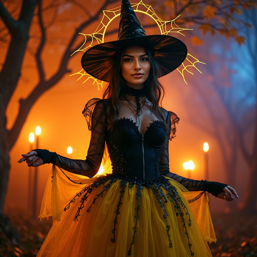 Here is a Stable Diffusion prompt for a unique Halloween outfit:

"woman in a yellow whimsical, avant-garde Halloween costume, featuring an intricately designed, oversized spider web-inspired tutu, a fitted, long-sleeved top with iridescent, holographic fabric, and a surreal, glowing halo headpiece with fluttering, delicate tendrils, set against a dramatic, dimly lit, fog-shrouded backdrop with twisted, gnarled tree branches and flickering candlelight, capturing the essence of a haunting, otherworldly Halloween spirit"