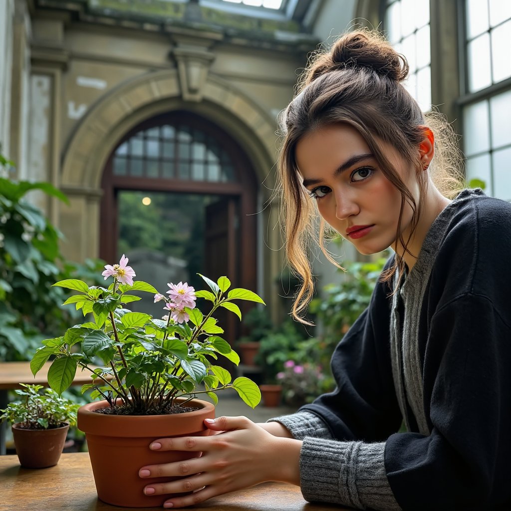 Highly realistic HDR close-up of a 16-year-old female Hogwarts student with warm tan skin, slightly flushed cheeks, and bright green eyes fixed intently on a magical flowering plant. Hair in a messy bun with loose curls framing temples, a few strands clinging from humidity. Wearing a dark robe with rolled sleeves, revealing rib-knit gray wool arm warmers (visible texture pattern). Pose: bent forward slightly at the waist, both hands gently cupping the terracotta pot containing the plant, elbows resting lightly on a wood table. Camera: Canon 5D Mark IV, 85mm f/2 lens, aperture f/2, camera at plant height for eye-to-eye subject focus. Lighting: warm diffused sunlight (4200K) streaming through greenhouse glass panes, soft fill from light bouncing off whitewashed walls, faint highlights catching moisture droplets on leaves. Background: blurred rows of potted plants and glass panes streaked with condensation, no sharp edges to distract.