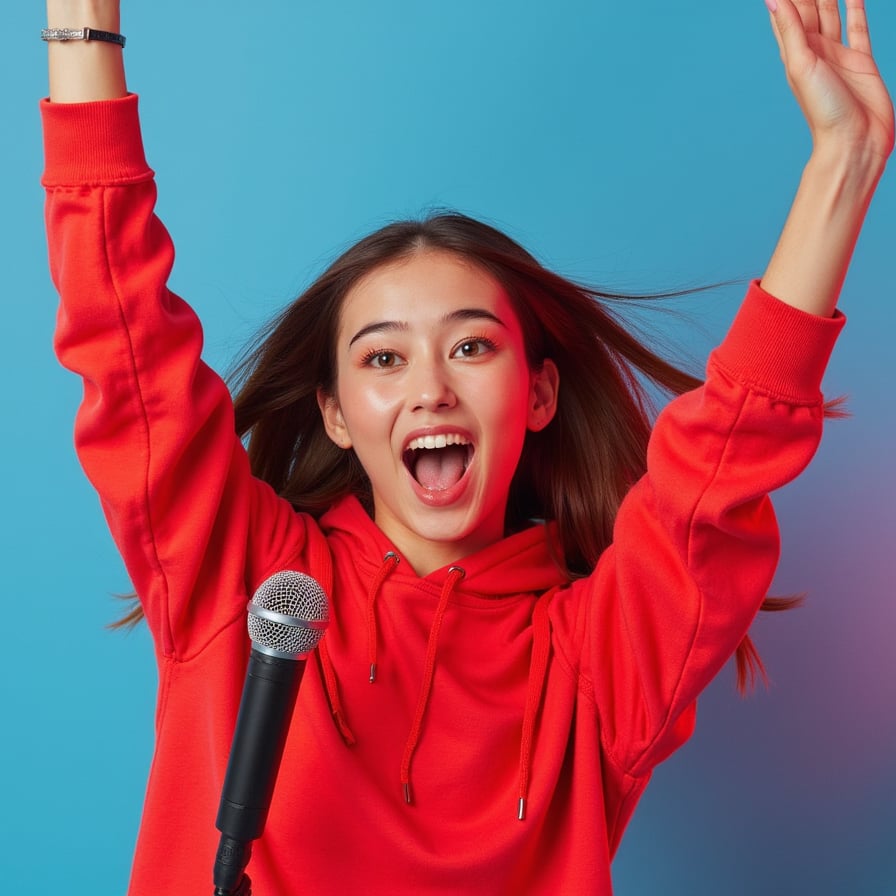 A female content creator mid-20s, tight waist-up, positioned slightly left, wide-eyed excitement, mouth open in a big smile, hands thrown up in a celebratory pose. Facial details: radiant skin, defined eyes with sharp catchlights, soft lip gloss. Outfit: bright, bold red hoodie, slight fabric texture visible, smooth fit. Hair: long, wavy hair with volume, flying slightly as if caught in movement. Pose: arms up, head tilted back slightly in enthusiasm. Camera: 35mm lens, shallow DOF, face crisp and in focus. Lighting: bright front-facing key light, clean shadows for depth. Background: vibrant solid color (electric blue or neon pink), minimal clutter, large negative space on the right for the text overlay. Style: highly realistic, HDR, bold and eye-catching for thumbnails.