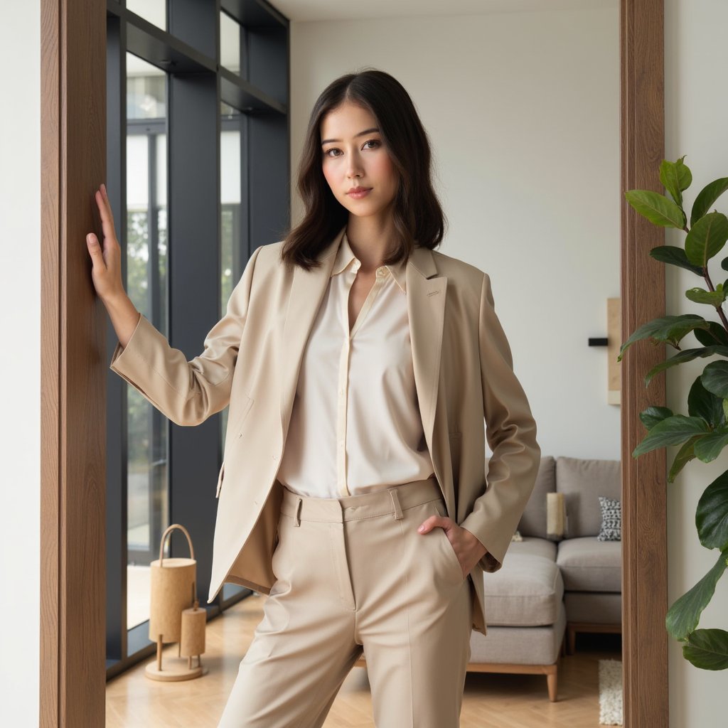 Highly detailed, highly realistic HDR portrait of a woman real estate agent in a beige gabardine pantsuit with an ivory silk blouse; shoulder-length hair styled in a polished blowout. Camera: 24mm lens, f/4, ISO 250, full-body shot from doorway, slightly wide angle. Lighting: daylight from large living room windows as key, bounced flash fill for balance; natural soft floor shadows. Pose: standing near entryway, one hand gesturing to bright open space, warm inviting smile. Background: staged modern living room with sofa and plants, softly blurred, minimal clutter.