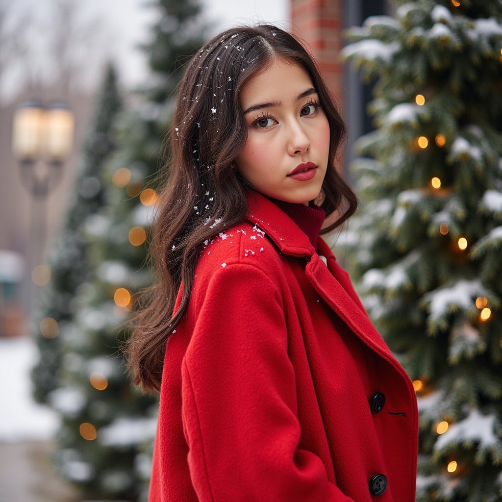 Waist-up outdoor portrait of a woman wearing a vivid red wool coat with a structured collar and black buttons; coat texture visible in crisp detail. She stands slightly turned away from the lens, looking gently back with a soft expression, still pose.
Hair: loose, soft curls with snowflakes resting naturally on the strands.
Makeup: natural glam—soft brown eyeliner, rosy cheeks, satin neutral lips.
Lighting: bright overcast snow-reflected light creating soft, even illumination; subtle highlights on coat fibers.
Background: blurred snowy evergreens with tiny golden fairy lights; minimal clutter.
Camera: 85mm f/2, eye-level; highly detailed, highly realistic, HDR, snowflakes, coat fibers, and eye reflections rendered sharply.